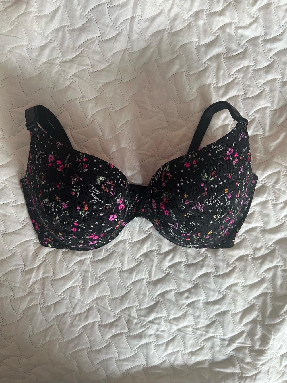 PINK Victoria's Secret Black Floral Underwire Bra with Pink Accents